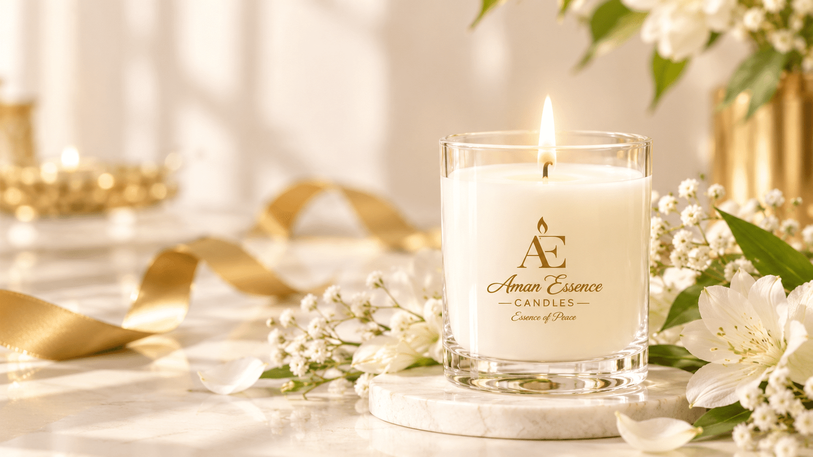 Aman Essence candle glowing in a calm, softly lit space